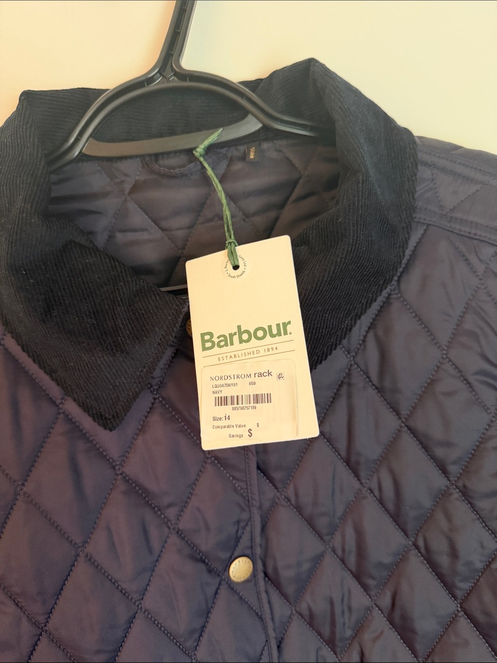 Barbour Quilted Puffer Jacket in Navy with Black Cord Collar - Picture 2 of 7